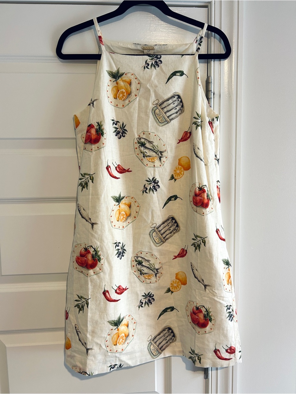 Magaschoni Linen Blend Mini Dress Fish Sardines Seafood Tomatoes Lemon Print XS